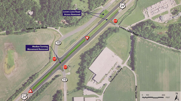 The Indiana Department of Transportation has proposed building a so-called “J-turns” at the intersection of U.S. 24 and Indiana 19 just north of Peru. - Indiana Department of Transportation