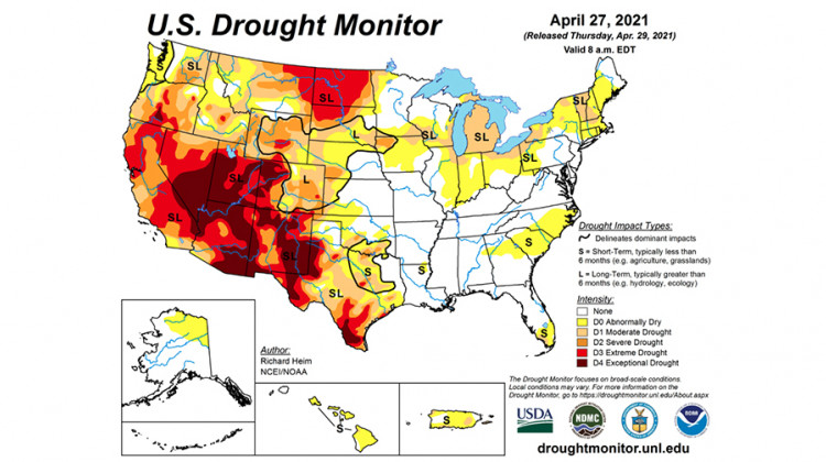 The U.S. Drought Monitor released April 29 shows that 84 percent of Indiana is either abnormally dry or in the midst of a moderate drought. - United States Drought Monitor