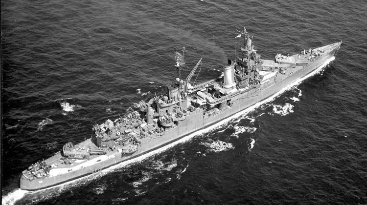 The USS Indianapolis (CA-35) underway at sea between May 1943 and May 1944. - U.S. Navy Photo