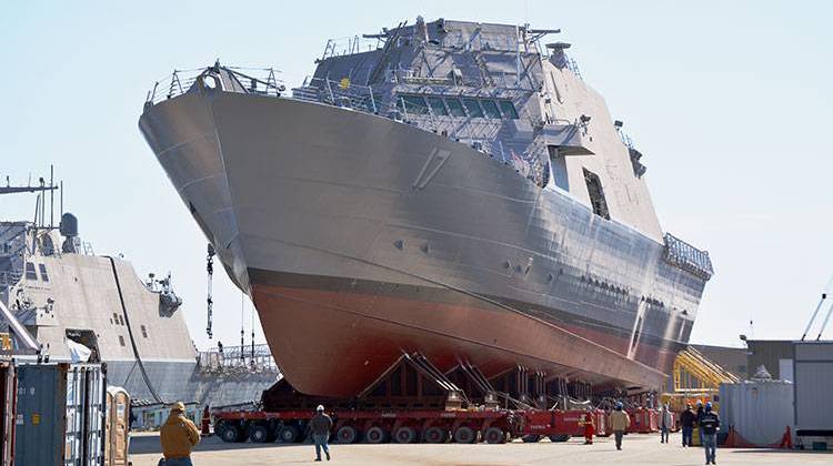 The future littoral combat ship USS Indianapolis (LCS 17) is moved from an indoor production facility in Marinette, Wisc., to launchways in preparation for its upcoming launch into the Menomenee River. -  U.S. Navy photo courtesy of Marinette Marine by Val Ihde/Released