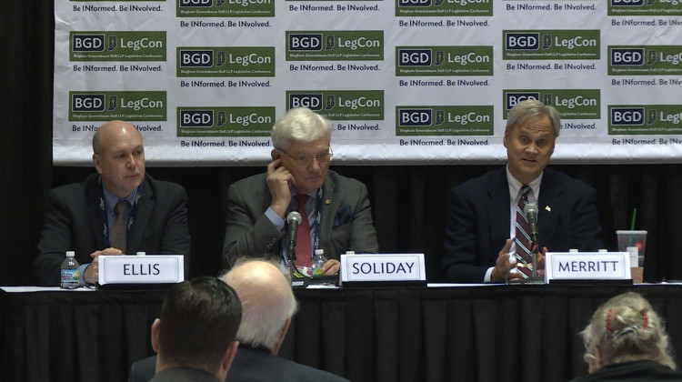 From left to right: Greg Ellis of the Indiana Chamber of Commerce, Rep. Ed Soliday (R-Valparaiso) who proposed the moratorium, and Sen. Jim Merritt (R-Indianapolis) at a pre-session panel in December. - Rebecca Thiele/IPB News