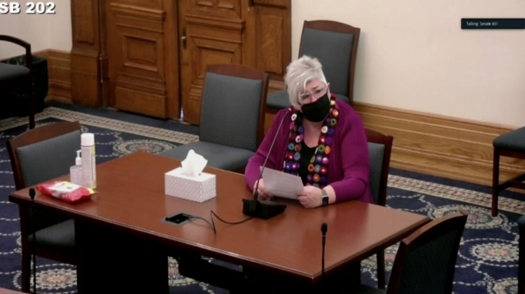 Bringhurst, Indiana, resident Vickie Ayres advocates for the Essential Family Caregiver Program in a Senate committee.  - Screenshot of iga.in.gov