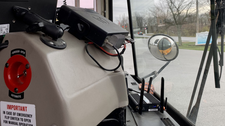 The small Wi-Fi router is placed in the front window of the buses can cover the distance of an average-sized parking lot to provide students and families short-term internet access.  - Provided by Vigo County School Corporation