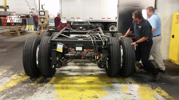 Workers assemble truck trailers at Wabash National's Lafayette factory.  - FILE PHOTO: Annie Ropeik/IPB News