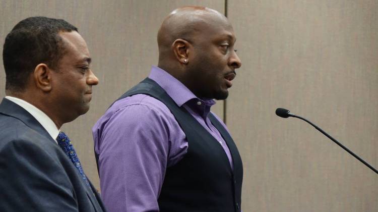 Tony Walker, a new member of the Drexel Foundation for Educational Excellence Inc., and Earl Phalen address the Indiana Charter School Board about Thea Bowman Leadership Academy on Tuesday, March 29, 2016 at the Indiana Government Center South. - Eric Weddle / WFYI Public Media