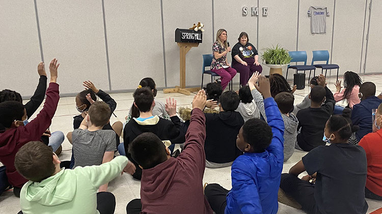 Fifth graders at Spring Mill Elementary listen to a presentation about Down Syndrome as a part of their Disabilities Awareness program. - (Elizabeth Gabriel/WFYI)