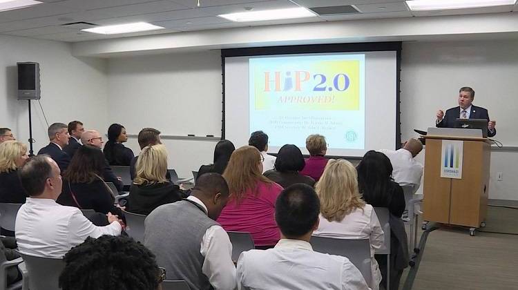 Indiana Family and Social Services Administration Secretary John Wernert speaks to a group of health care professionals at Eskenazi Hospital about HIP 2.0, Wednesday, Feb. 4, 2015. - Photo by Gretchen Frazee