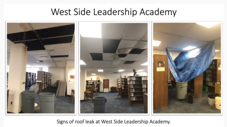 Photo of a leaking roof inside the Westside Leadership Academy in Gary displayed Wednesday, Oct. 2, 2019, at the State Board of Education meeting. - State Board of Education/YouTube