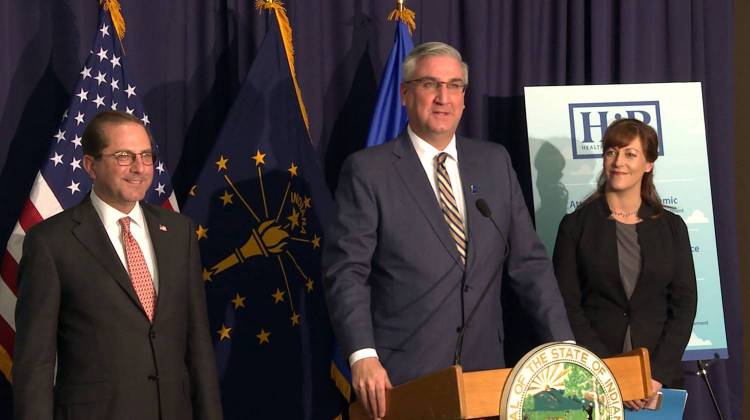 U.S. Health and Human Services Secretary Alex Azar joins Gov. Eric Holcomb and Indiana Family and Social Services Administration Secretary Jennifer Walthall to announce Indiana's HIP approval in February. - Lauren Chapman/IPB News