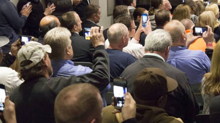 Carrier workers looked on as then-President-elect Donald Trump spoke at the factory in December. (Drew Daudelin/WFYI) - Drew Daudelin/WFYI