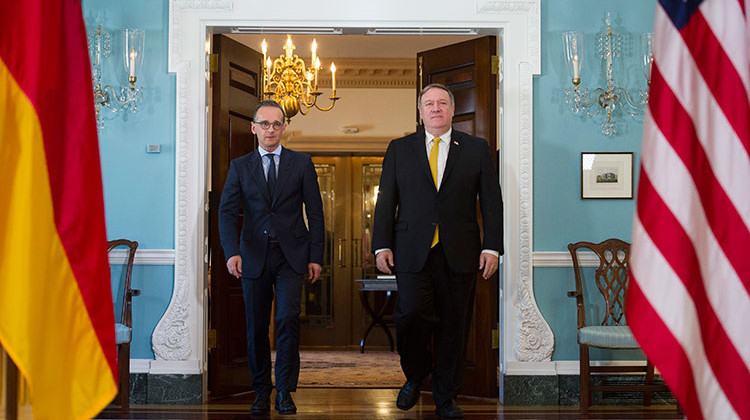 Secretary of State Mike Pompeo, right, meets German Foreign Minister Heiko Maas at the State Department in Washington, Wednesday, Oct. 3, 2018. Indianapolis is one of six cities that will host launch events for a new German outreach campaign that will see more than 1,000 events across the U.S. over the coming year. - AP Photo/Cliff Owen