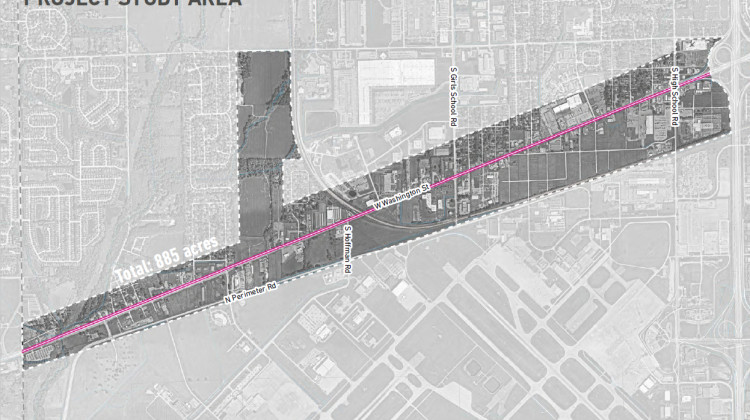 The stretch of W Washington St being studied. (Photo/Develop Indy)