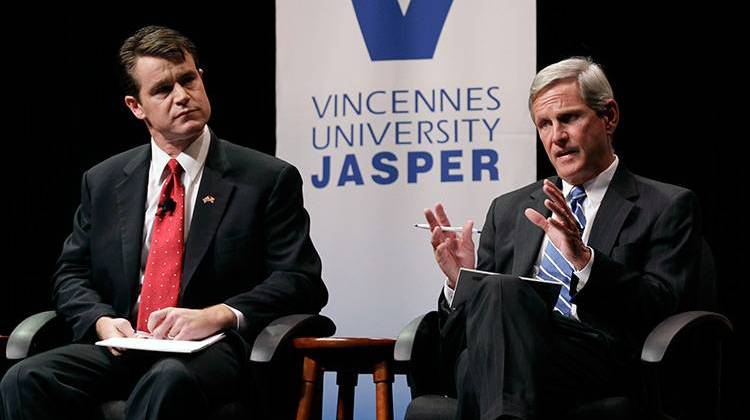 Republican Todd Young and Democrat  Baron Hill, shown here in a forum in Jasper, Ind., during their race for the 9th District in 2010, will square off in 2016 for the U.S. Senate.  - AP Photo/Michael Conroy