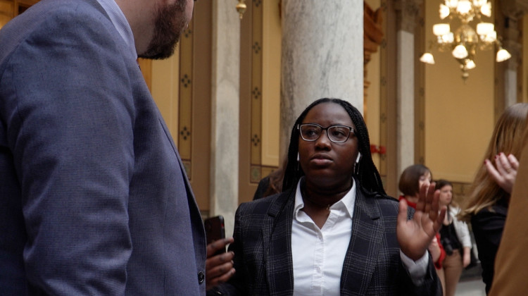 A member of the youth climate action group Confront the Climate Crisis talking to Sen. J.D. Ford (D-Indianapolis) at the climate rally at the Indiana Statehouse. - Alan Mbathi/IPB News