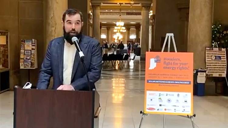 Zach Schalk of Solar United Neighbors speaks at the 2022 Renewable Energy Day at the Indiana Statehouse. One of the bills the group supported — which allows homeowners with HOAs better access to rooftop solar — became a law. - Courtesy of Hoosier Environmental Council