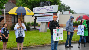 Anti-abortion activists demonstrate in front of the Whole Woman's Health Alliance clinic in South Bend. - Justin Hicks/IPB News