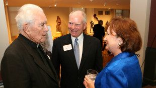 (From left to right) Father Theodore Hesburgh talks with former Gov. Joe Kernan and his wife Maggie. - Provided by the Kernan family