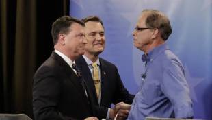 Indiana's Republican U.S. Senate candidates (from left) Rep. Todd Rokita (R-Brownsburg), Rep. Luke Messer (R-Greensburg), and Mike Braun greet each other after the final debate before the May primary election. - Darron Cummings/Indiana Debate Commission
