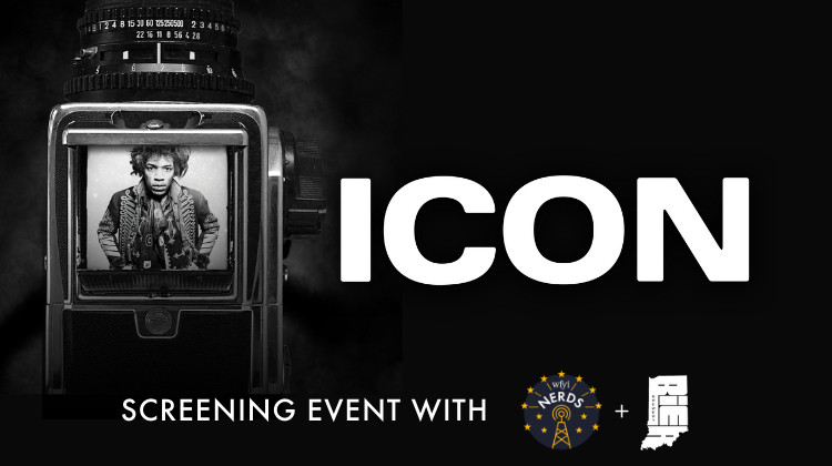 Image of Jimi Hendrix in camera with the words: Icon screening event with WFYI Nerds & Bier Brewery