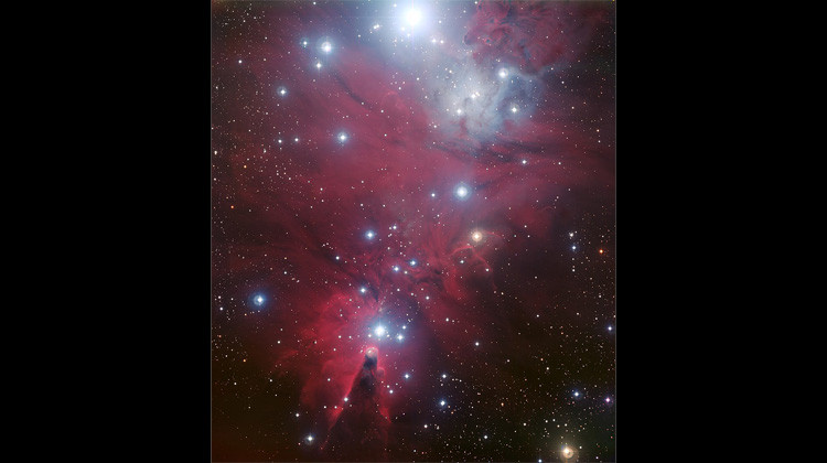 NGC 2264: Cone Nebula at bottom with inverted Christmas Tree cluster above the cone - Credit European Southern Observatory Christmas Tree Cluster