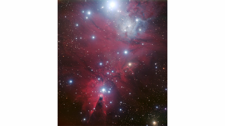 NGC 2264: Cone Nebula at bottom with inverted Christmas Tree cluster above the cone; the bright star just above the cone is the tree topper and the very bright star at the top of the image (S Monocerotis) is the center of the tree trunk. - Credit: European Southern Observatory (ESO) Christmas Tree Cluster