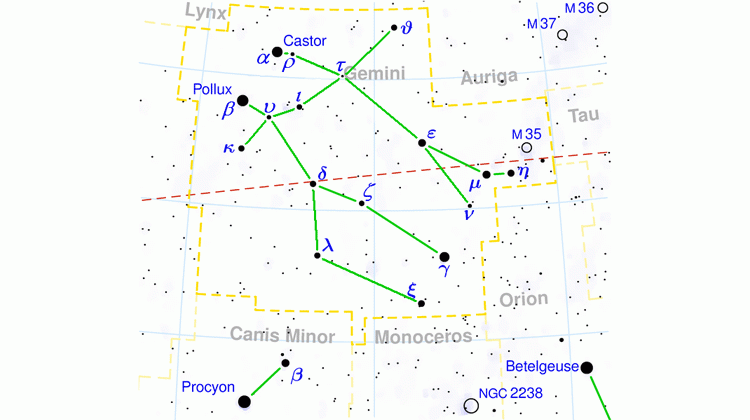 Diagram of H. A. Rey's alternative way to connect the stars of the constellation Gemini. Twins are shown holding hands. - CC BY-SA 3.0 Wikipedia Gemini